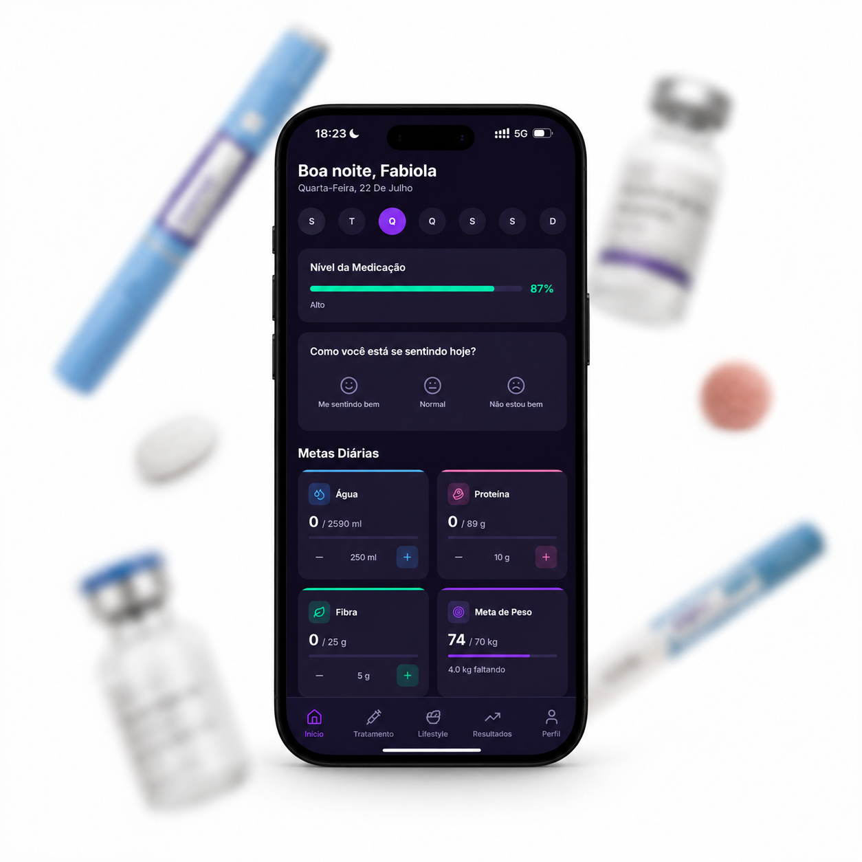 App Leveh mostrando nível da medicação, metas diárias e progresso de peso