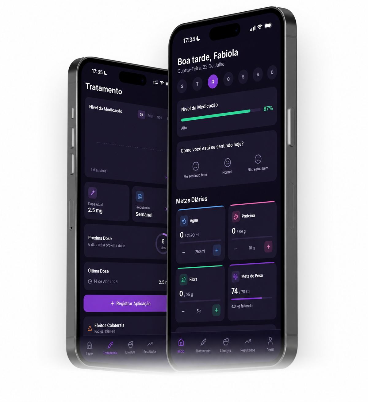 Duas telas do app Leveh mostrando tratamento e metas diárias