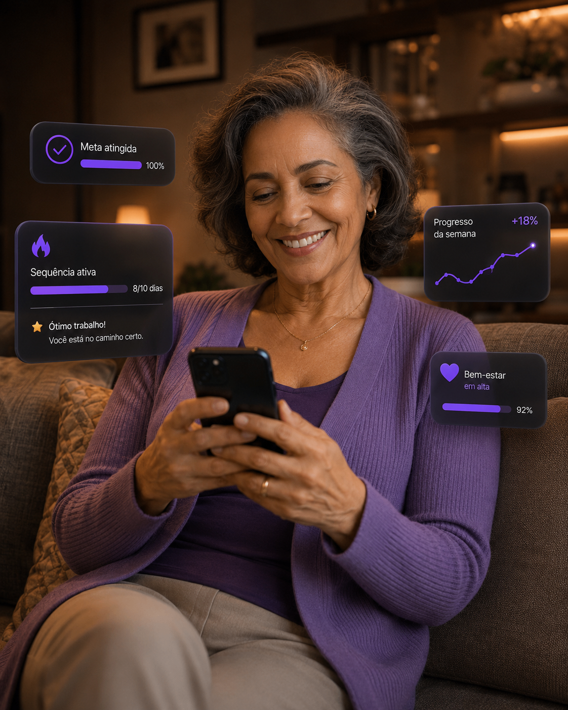 Mulher usando o app Leveh com cartões de progresso, sequência e bem-estar